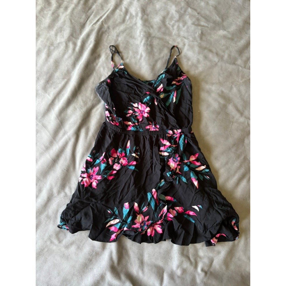 Express Floral Mini Dress Black Pink Teal Tropical Ruffle Wrap Medium Petite
